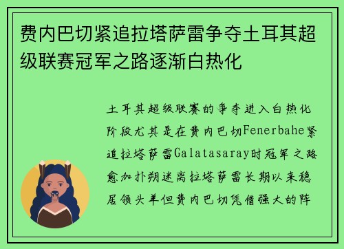 费内巴切紧追拉塔萨雷争夺土耳其超级联赛冠军之路逐渐白热化